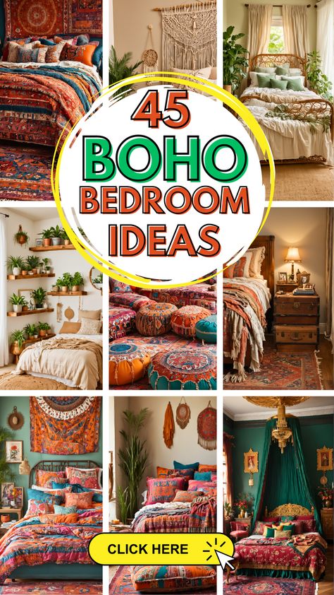 Moroccan Theme Bedroom, Colorful Eclectic Bedroom Bohemian Style, Boho Moroccan Bedroom, Bedroom Nature Theme, Bedroom Boho Ideas, Colorful Bohemian Bedroom Decor, Colorful Eclectic Bedroom, Moroccan Inspired Bedroom, Boho Decorating