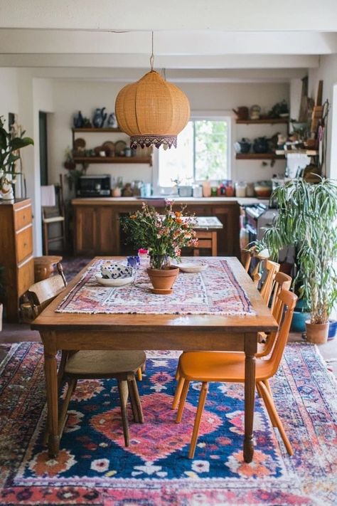 "Elevate your dining experience with the charm of a Boho Chic Dining Room! 🌿🍽️ Perfect for adding personality and warmth to your home. 🌟✨ #BohemianDecor #DiningRoomInspiration #HomeStyle" Anthropologie Dining Room, Eclectic Dining Table, Cute Dining Room, Boho Chic Dining Room, Mismatched Dining Chairs, Boho Dining Room, Eclectic Dining Room, Eclectic Dining, Chic Dining Room