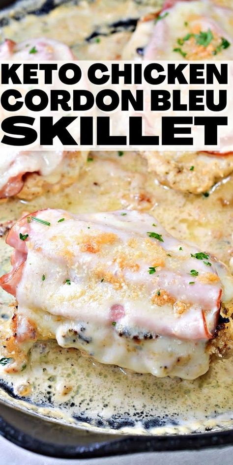 Keto Chicken Cordon Bleu Skillet - This keto chicken cordon bleu skillet is a complete family dinner. There are just 4 grams net carbs in each serving – leaving you plenty of carbs for sides. #keto #Ketorecipes #ketodiet #ketochickencordonbleu #chickencordonbleu #cordonbleu #chickenskillet #chickenrecipes #dinner #food #recipes Chicken Cordon Blue Healthy, Keto Dinner Chicken Recipes, Easy Keto Main Dish Recipes, Chicken Cordon Bleu Low Carb, Low Carb Blue Cheese Recipes, Savory Keto Dinners, Keto Cordon Bleu Chicken, Chicken Cordon Bleu Skillet, Gourmet Keto Dinner Recipes