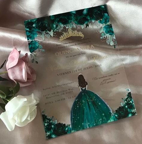 Invitación de quinceañera transparente personalizada, acrílico dulce, 15 °, 16 ° cumpleaños, invitación de fiesta de niña, decoración, 10 piezas - AliExpress Transparent Quince Invitations, Emerald Quince, Emerald Green Quinceanera Theme, Quince Invite, Green Quinceanera Theme, Enchanted Forest Birthday Party, Holiday Diy Decorations, Quince Themes, Green Quince