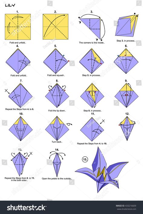 Origami Flower Lily Instructions Steps Stock Illustration 433216609 Origami Lily, Easy Origami Flower, Origami Flowers Tutorial, Flower Origami, Vika Papper, Origami Diagrams, Creative Origami, Tutorial Origami, Cute Origami