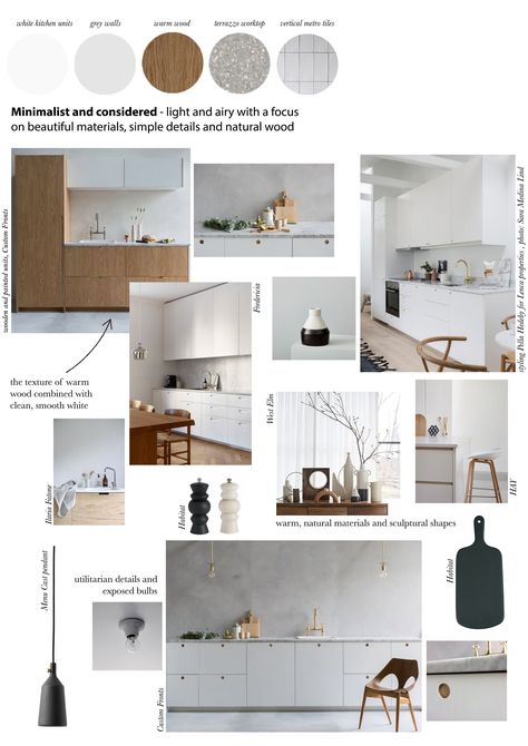 Mood board for a minimalist kitchen with simple details and natural wood units Materials Board Interior Design, Mood Board Interior, Kitchen Mood Board, Interior Design Presentation, Interior Design Boards, H Design, Interior Design Mood Board, Minimalist Interior Design, Design Board