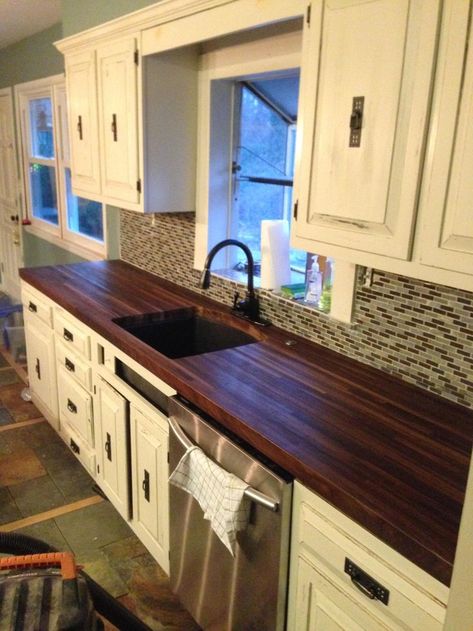 Dark Butcher Block, Walnut Butcher Block Countertops, Diy Wood Countertops, Basement Kitchenette, Block Countertops, Walnut Butcher Block, Outdoor Kitchen Countertops, Butcher Blocks, Outdoor Kitchen Appliances