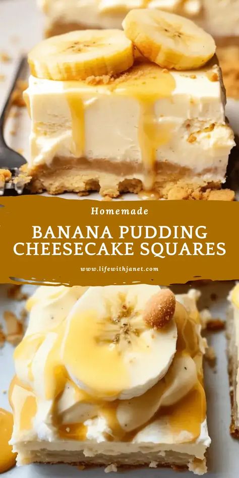 Banana Pudding Cheesecake Banana Pudding Cheesecake Squares are a delicious and easy-to-make dessert that combines the rich flavors of cream cheese and sweetened condensed milk with the sweet and tangy taste of mashed bananas, all on top of a crunchy graham cracker crust. Easy Grab Desserts, Easy On The Go Desserts, Good Summer Recipes, Try New Recipes, Thanks Giving Recipes Dessert, Ultimate Chocolate Dessert, Dessert Recipes With Few Ingredients, Ladies Night Dessert Ideas, Desserts That Go With Pasta