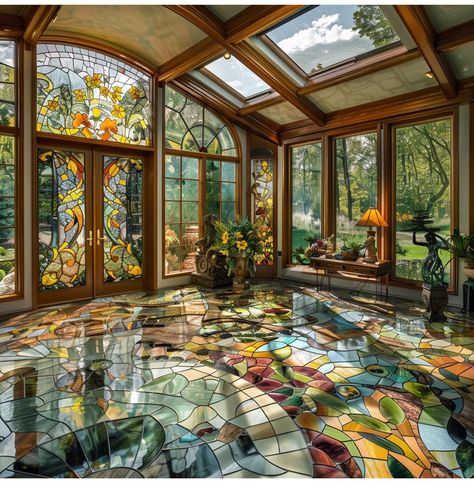 Stain Glass Door, Japanese Bedroom Ideas, Glass Sunroom, Pretty Houses, House Flippers, Sunroom Designs, Tranquil Retreat, Glass Room, Glass Creations