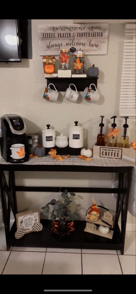 Coffee Bar On A Budget, Budget Coffee Bar, Dollar Tree Coffee Bar Ideas Diy, Dollar Tree Coffee Station, Dollar Tree Coffee Bar, Dollar Tree Coffee Bar Ideas, Simple Coffee Bar Ideas, Cute Coffee Station, Bougie On A Budget