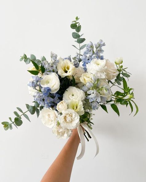 Something Blue Wedding Bouquet, Blue Florals For Wedding, Blue Tulip Bouquet Wedding, Wedding Florals With Blue, Bride Bouquets Blue And White, Dusty Blue Florals, Baby Blue Flower Arrangements, Wedding Blue Bouquet, Wedding Florals Blue And White