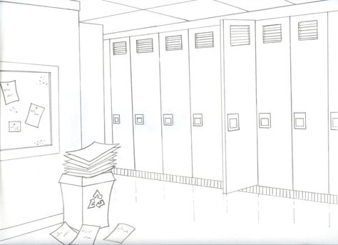 School Hallway Drawing, School Drawing Building, Locker Drawing, Draw A Character, Letter Drawing, Simple Interiors, How Draw, School Hallway, Beach Wall Collage