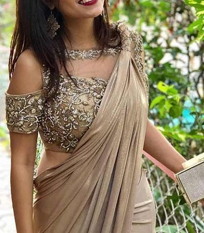 Latest Cold Shoulders Blouse Designs Golden Blouse Designs Latest, Mushanana Designs, Fancy Saree Blouse Design, Saree With Golden Blouse, Cold Shoulder Saree Blouse, Cold Shoulder Blouse Designs, Golden Blouse Designs, Net Saree Blouse Designs, Plain Sarees