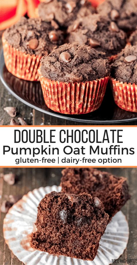 Healthy Fall Breakfast Recipes, Healthy Chocolate Breakfast, Pumpkin Oat Muffins, Healthy Fall Breakfast, Gluten Free Dairy Free Muffins, Brunch Bites, Healthy Chocolate Muffins, Pumpkin Oatmeal Muffins, Chocolate Pumpkin Muffins