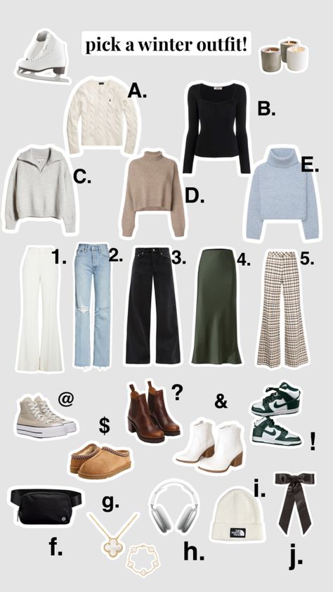 comment your winter outfit!! mine would be A2?j 🤍🤍 #winter #winteraesthetic #outfitinspo #winteroutfitinspo #pickanoutfit #accessories #uggs #sweaterweather #gilmoregirls #aestheticoutfits Everyday Winter Outfits, Life Study, Outfits Everyday, Winter Outfits For School, Winter 23, Cold Weather Fashion, Chunky Knitwear, Vintage Winter, Winter Aesthetic