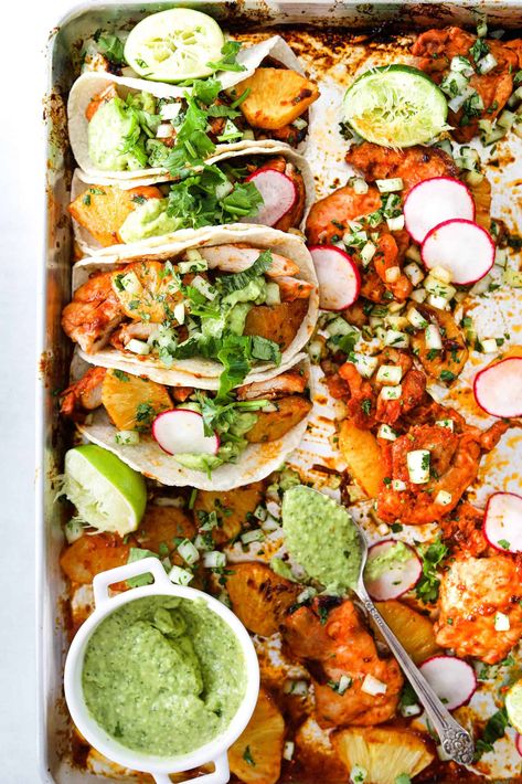 The most delicious chicken tacos al pastor with juicy pineapple and tangy chipotle. This sheet pan taco recipe is quick, easy and ready in under an hour! Craving California, Chipotle Marinade, Beer Braised Chicken, Shredded Chicken Tacos, Tacos Al Pastor, Sheet Pan Chicken, Taco Recipe, Sweet Potato Hash, Chicken Shawarma