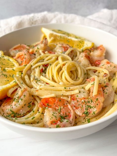 Creamy Lemon Shrimp Pasta in a Wine and Butter Sauce Fish And Shrimp Pasta Recipes, Garlic Herb Butter Shrimp Pasta, Lemon Pepper Lobster Shrimp Pasta, Shrimp With Linguine, Pasta Recipes With Seafood, Modern Italian Food Ideas, Lemon Herb Shrimp Pasta, Lemon Butter Prawns, Lemon Based Recipes