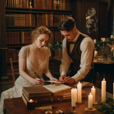 Library wedding - A wedding held in a library with decor inspired by books, like vintage typewriters, leather-bound books, and candlelight Old Library Wedding, Winter Library Wedding, Wedding Ideas Library, Library Wedding Aesthetic, Bookish Wedding Ideas, Library Wedding Reception, Spanish Library, Snuggling Couple, Christmas Library