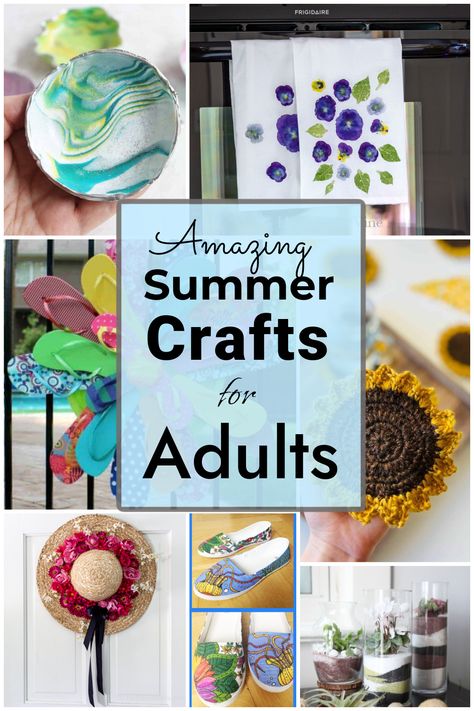 A collage of summer crafts for adults including marbled jewelry dishes, flower pounded tea towels, a floral straw hat, and more. Summer Crafts For Seniors Assisted Living, Craft Ideas Summer, Summer Crafts For Seniors Citizens, Quick Easy Crafts For Adults, Crafts 2024, Summer Crafts Adults, Craft Projects For Teens, Senior Crafts Ideas Easy Diy, June Crafts For Adults