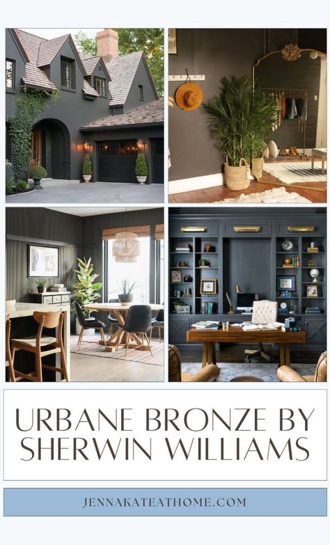 Transform the outside of the home with a touch of elegance using Sherwin Williams Urbane Bronze paint. This deep, stunning shade is perfect for door colors and adds a sophisticated flair to any exterior. Explore coordinating colors to pair with Urbane Bronze by Sherwin Williams for a beautifully unified look that stands out in your neighborhood. Urbane Bronze Color Palette, Bold Fireplace, Sherwin Williams Urbane Bronze, Urbane Bronze Sherwin Williams, Bronze Color Palette, Urbane Bronze, Warm Grey Paint Colors, Best Gray Paint, Urban Bronze