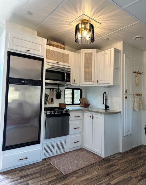 Rv Kitchen Remodel, Rv Cabinets, Pink Bus, Rv Inspiration, Glamper Camper, Rv Interior Remodel, Camper Reno, Tall Shelves, Rv Renovation