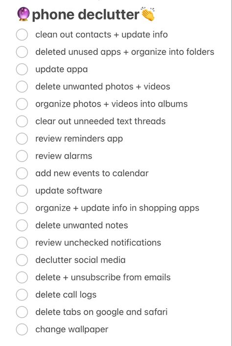 Phone Cleaning Checklist, Phone Cleanse List, Deep Clean Phone Checklist, Adulting 101 Checklist, Iphone Declutter Checklist, Declutter Your Phone Checklist, Clean Out Phone List, Organizing Phone Ideas, Things Ive Done Checklist