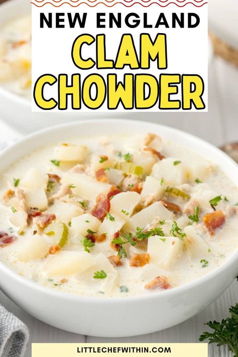 This New England Clam Chowder recipe is rich, creamy, and loaded with tender clams, potatoes, and smoky bacon. It’s the best clam chowder for a cozy night in or any time you’re craving comfort food. This easy clam chowder recipe will be your new go-to for soup season and is sure to become a family favorite. Perfect for those who love a classic creamy clam chowder! Soup Clam Chowder, Clams Chowder Recipe, Instant Pot Clam Chowder New England, Clam Chowder Recipe New England, Easy Clam Chowder Recipe, Clam Chowder New England, Creamy Clam Chowder, Canned Clams, Best Clam Chowder