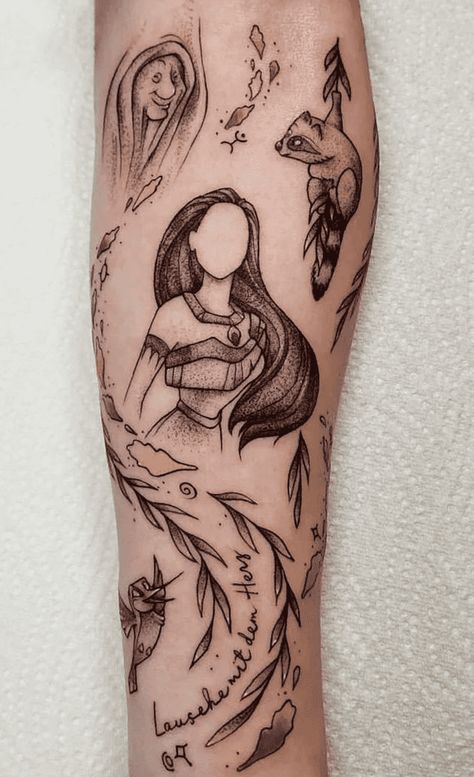 Pocahontas Sleeve Tattoo, Pocahontas Disney Tattoo, Flit Tattoo Pocahontas, Pocahontas Compass Tattoo, Pocohantas Tattoo Ideas, Anastasia Tattoo Ideas, Meeko Tattoo, Disney Tattoos Sleeve, Pocahontas Tattoos