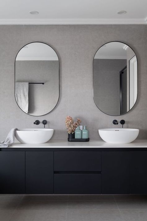 Family Bathroom Vanity, Black Tapwear Bathrooms, Double Vanities Master Bath, Oval Bathroom Mirrors, Bathroom Ideas Light Grey, Black Tapware Bathroom, Bathroom Vanity Ideas Black, Black Basin Bathroom, Bathroom Black Vanity