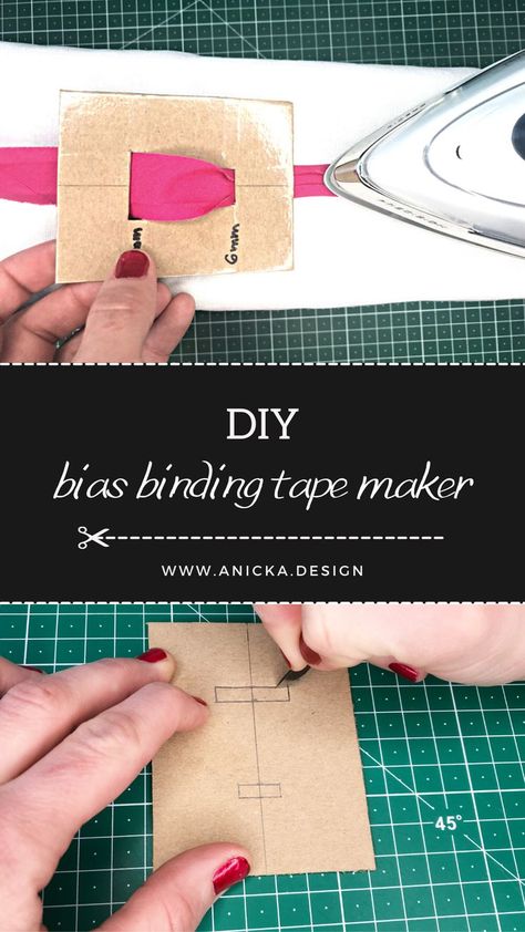 Cutting and testing DIY cardboard bias binding tape maker. Make Your Own Bias Binding, Bias Tape Maker Diy, How To Make Your Own Bias Binding, Making Bias Binding, Sewing Bias Tape On, Diy Bias Tape Maker, Diy Bias Binding, Make Bias Tape Diy, Bias Binding Tutorial Sewing Techniques