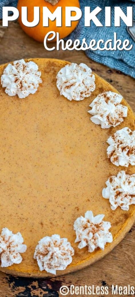 This Pumpkin Cheesecake Recipe is full of fall flavors with a rich and smooth texture. If you are looking for a delicious and easy dessert to make for Thanksgiving, then this is the perfect dessert to choose. #centslessmeals #pumpkincheesecakerecipe #easydessert #thanksgiving #fallrecipe #pumpkindessert #pumpkinpiecheesecake #easycheesecakerecipe Hawaiian Dip, Cheesecake Factory Pumpkin Cheesecake, Almond Joy Cupcakes, Caramel Apple Dump Cake, Dessert To Make, Bake Pumpkin, Pumpkin Cheesecake Recipes, No Bake Pumpkin Pie, Meals Recipes