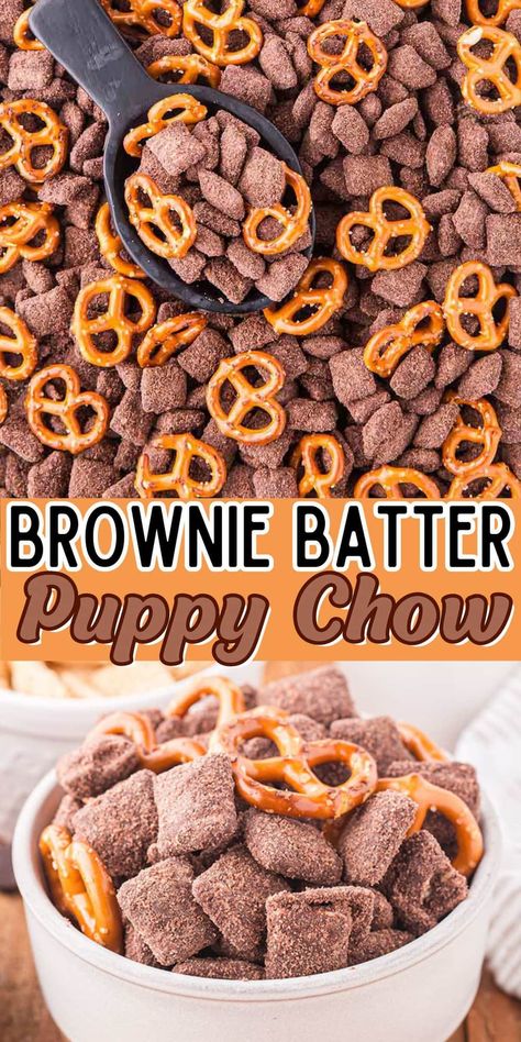 Brownie Batter Muddy Buddies, Brownie Puppy Chow, Fall Kids Snacks For School, Brownie Batter Puppy Chow, Pistachio Puppy Chow Chex Mix Recipe, Chex Mix Muddy Buddy Recipes, Thanksgiving Puppy Chow, Puppy Chow Flavors, Halloween Muddy Buddy Recipe