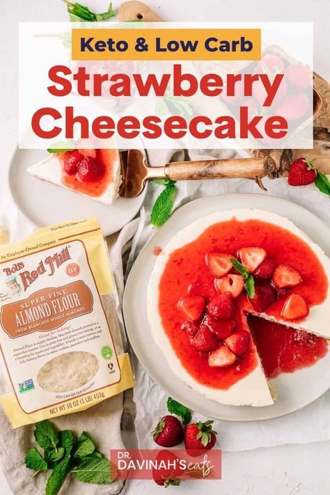 This gluten-free keto strawberry cheesecake recipe is one of my favorite low carb desserts. It features a creamy vanilla cheesecake base topped with my quick keto strawberry sauce. Learn how to make delicious sugar-free strawberry cheesecake with an almond flour crust using this recipe. Perfect for those who want low carb desserts, sugar-free cheesecake recipe, strawberry dessert, Thanksgiving and holiday desserts, and keto dessert recipes. Sugarfree Cheesecake Recipes, Sugar Free Strawberry Cheesecake, Keto Cheesecakes, Keto Strawberry Cheesecake, Cheesecake Base, Almond Flour Crust, Dessert Thanksgiving, Strawberry Cheesecake Bites, Strawberry Cheesecake Recipe