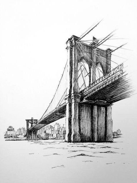 New York Dibujo, Drawing Essentials, Art Ideas Sketches, Drawing Buildings, Bridge Drawing, New York Cityscape, Iconic New York, Perspective Art, Van Gogh Art