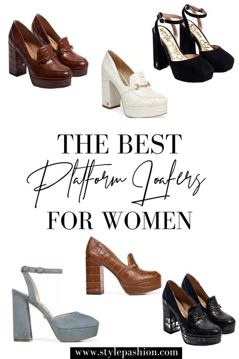 Loafer Heels Outfit Street Styles, How To Style Platform Loafers Women, High Heeled Loafers Outfit Style, High Heels Loafers Outfit, High Loafers Outfit, How To Style Platform Loafers, Platform Loafers Outfit Dress Work, Heeled Loafers Outfit Work, Outfits With Chunky Heels