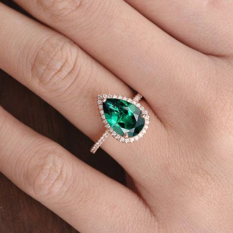 Pear Shaped Lab Emerald Engagement Ring Rose Gold Engagement | Etsy Vintage Gold Pear Engagement Ring, Emerald Ring Pear Shape, Pear Shaped Emerald Engagement Rings, Pear Emerald Ring, Pear Shaped Emerald Ring, Pear Emerald Engagement Ring, Emerald Pear Engagement Ring, Emerald Engagement Ring Vintage, Gem Engagement Rings