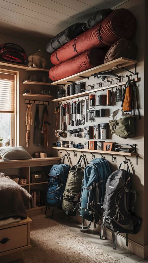 A small room with a well-organized camping gear wall, featuring neatly arranged outdoor gear on shelves and hooks. Camping Gear Wall, Gear Room Organization, Outdoor Gear Storage, Camping Gear Organization, Camping Gear Storage, Gear Organization, Adventure Room, Gear Wall, Small Room Organization