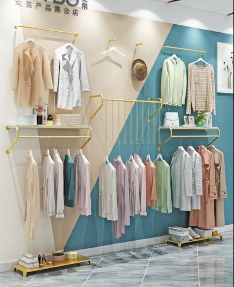 Small Clothing Store Interior Shops, Women's Clothing Store Design, Clothe Store, Small Boutique Ideas, Clothing Store Decor, Golden Clothes, Clothes Shelf, Kids Clothing Store Design, Clothing Boutique Interior