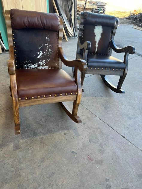 Custom cattle baron leather and cowhide upholstered rocking chairs - Your Western Decor Refurbished Chairs Diy, Western Rocking Chair, Western Chair, Western Candle Holders, Western Candles, Ranch Furniture, Cowhide Chair, Cowhide Furniture, Burlap Rug