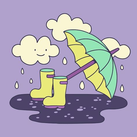 Cartoon Rainy Day, Rain Related Drawings, Rain Season Drawing, Monsoon Season Drawing, Monsoon Drawings, Rain Boots Drawing, Monsoon Aesthetic, Rain Illustration, Rainy Mood