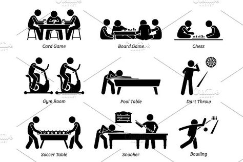 Indoor Games Recreational Activities by Leremy Stick Figures on @creativemarket Indoor Recreational Activities, Indoor Club, Club Games, Recreational Room, Gym Room, Colouring Printables, Lobby Design, Games Room, Recreational Activities