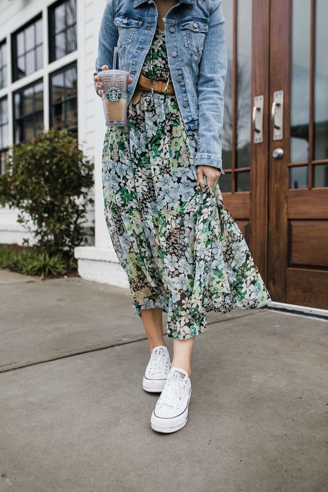 Floral Dress Styled Two Ways For Summer | My Style Vita Floral Dress Sneakers Outfit, How To Style Floral Dress, Casual Floral Dress Outfit, Long Casual Dress Outfit, Long Dress And Sneakers Outfit, Long Floral Dress Outfit, Floral Dress With Sneakers, Long Dress With Sneakers, Cute Modest Outfits Summer