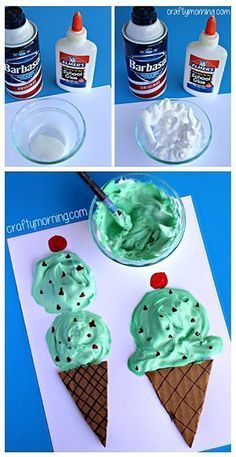 Puffy Paint Ice Cream, Ice Cream Cone Craft, Summer Art Projects, Kindergarten Art Projects, Summer Crafts For Kids, Cones Crafts, Puffy Paint, Aktivitas Montessori, Daycare Crafts