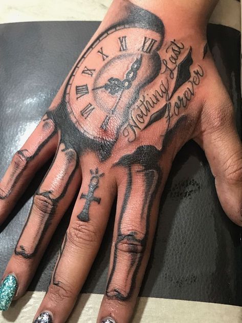 Men Hand Tattoos Ideas Unique, 3005 Tattoo, Meaningful Hand Tattoos, Men Hand Tattoos Ideas, Clock Hand Tattoo, Self Made Tattoo, Full Hand Tattoo, Cute Hand Tattoos, Pretty Hand Tattoos