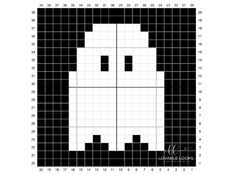 Knit Ghost Pillow, Mini Crochet Tapestry Pattern, Ghost Crochet Tapestry, Crochet Ghost Granny Square Pattern, Mini Ghost Cross Stitch, Ghost Tapestry Crochet, Ghost Grid Pattern, Black And White Crochet Projects, Graphs For Crochet