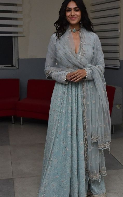 Blue Anarkali Dress, Pastel Blue Dress, Sita Ramam, Blue Anarkali, Mrunal Thakur, Indian Anarkali, Desi Wedding Dresses, Anarkali Dress Pattern, Traditional Indian Dress