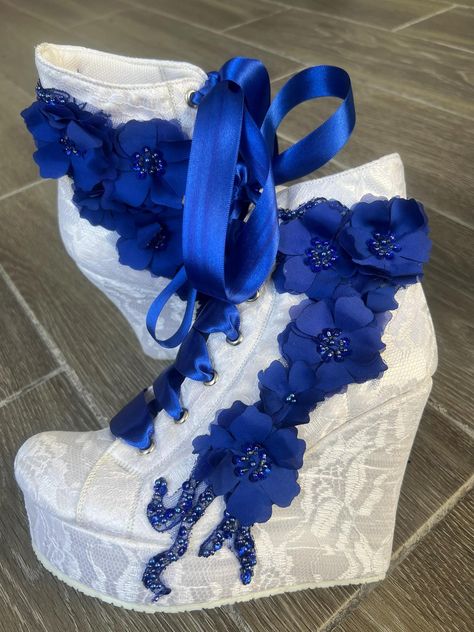 Royal Blue Beaded Lace Platform Shoes "Elevate your style with our stunning royal blue beaded lace platform shoes! ✨ These lightweight and comfortable heels are perfect for weddings, proms, or any special occasion. The delicate lace and intricate beading add a touch of elegance, while the cushioned insole ensures all-day comfort. You'll feel like royalty in these show-stopping shoes!" Sizes: 6-9 USA woman High heel: 4 inches Front platform: 1 inch Weight: .800 grs, realy light! Ice Queen Shoes, Royal Blue Platform Heels, Cowboy Wedding Dress, Slay Shoes, Quinceanera Heels, Quince Heels, Sweet 16 Shoes, Light Blue Heels, Quinceanera Shoes