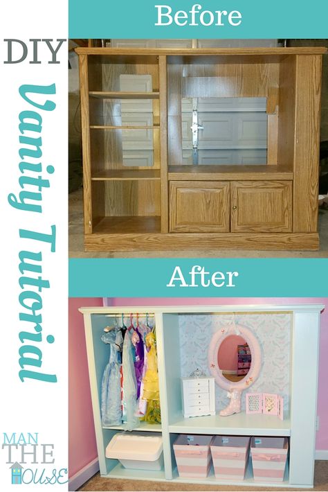 Learn how you can turn and old entertainment center into a vanity with this DIY tutorial. Project Cost: Approx. $50 #DIY #Tutorial #Beforeandafter #Vanity #Entertainmentcenter #littlegirlstorage #repurpose #upcycle #trashtotreasure #costumestorage #organization #fabricbins #girlstorage #storage #littlegirlsroom #girlroom #bluefurniture #birds #blueandpink #furniturehacks Old Entertainment Centers, Entertainment Center Repurpose, Diy Vanity, Diy Furniture Renovation, Furniture Renovation, Repurposed Furniture Diy, Toy Rooms, Furniture Hacks, Big Girl Rooms