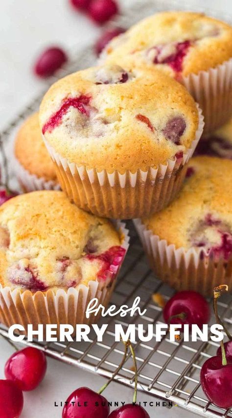 Dessert Recipes With Cherries, Sour Cherry Cupcakes, Recipes Using Sweet Cherries, Fresh Cherry Cookies Recipes, Baking With Fresh Cherries, Sour Cherry Muffin Recipes, Easy Recipes Using Fresh Cherries, Things To Do With Cherries, Easy Cherry Muffins