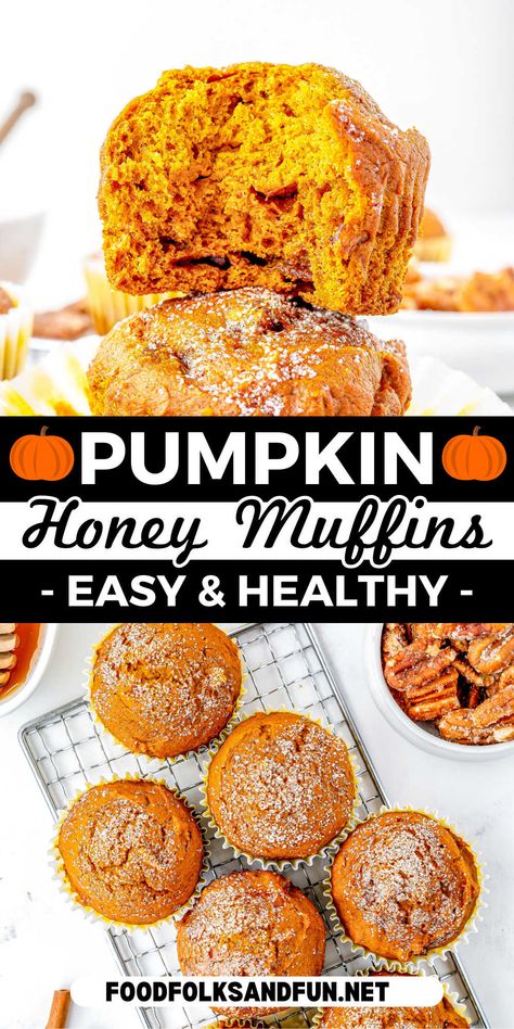 These delicious pumpkin muffins are made with honey instead of sugar, making them a healthier breakfast or snack option. They are also quick and easy to make, perfect for busy weekdays or special occasions. via @foodfolksandfun Pumpkin Muffins With Honey, Pumpkin Honey Muffins, Honey Pumpkin Bread, Healthy Pumpkin Baking, Pumpkin Puree Muffins, Sugar Free Pumpkin Muffins, Honey Corn Muffins, Easy Pumpkin Muffins, Healthy Pumpkin Muffins