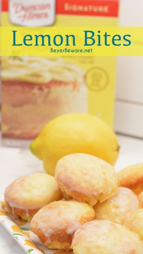 Mini Lemon Cakes With Glaze, What To Make With Boxed Lemon Cake, Lemon Cake Box Cookies Recipes, Lemon Cookies With Cake Mix Boxes, Cake Mix Lemon Muffins, Lemon Drop Cake Bites, Lemon Cup Cakes, Lemon Cake Mix Ideas, Lemon Desserts Easy Cake Mixes