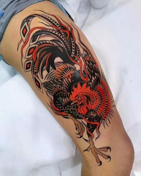 Thigh Tattoo Men, Chicken Tattoo, Rooster Tattoo, Traditional Tattoo Inspiration, Traditional Tattoo Sleeve, Quality Tattoo, Thigh Tattoos, Leg Sleeve Tattoo, Tattoo Desings