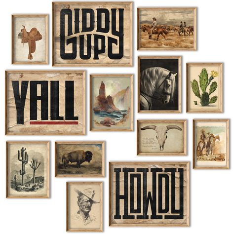 PRICES MAY VARY. Vintage Western Wall Decor: Bring the rugged charm of the Southwest into your home with this unique wall collage kit featuring desert landscapes and classic cowboy scenes. Rustic Aesthetic: Capture the essence of vintage cowboy style with 13 unique prints showcasing the beauty of the Southwest. Perfect for adding a touch of nostalgia to any room. Comprehensive Set: Includes a variety of sizes - 3pcs 8''x10'', 4pcs 5''x7'', and 6pcs 4''x6'' - along with 55 double-sided adhesive d Vintage Western Gallery Wall, Deer Cabin Decor, Western Themed Office, Moody Southwestern Decor, Western Salon Decor, Western Bedroom Ideas Ranch Style, Deer Camp Decor, Western Fall Decor, Vintage Western Home Decor