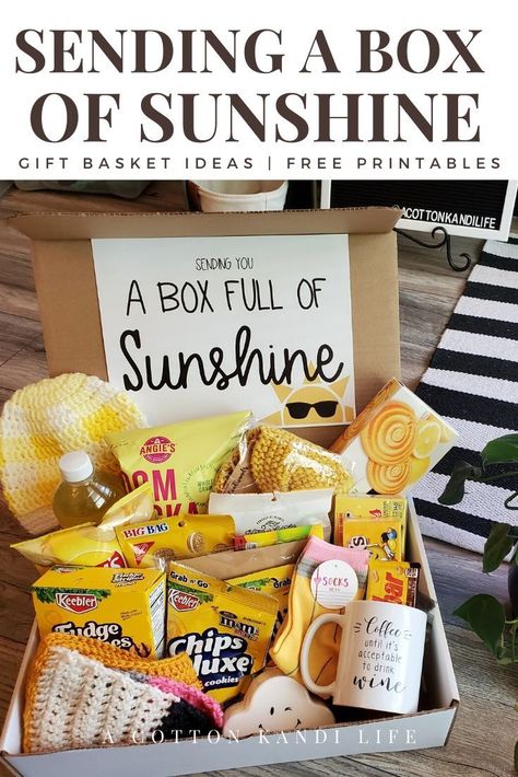 Brighten someone's day by sending a Box of Sunshine! These bright yellow themed gift baskets or Birthday Boxes are the perfect way to say, "I Miss You" or "I'm thinking of You" when you're apart. Send a Gift Box for Teacher Appreciation Gifts, College Student Care Packages, Get Well Soon Gift Ideas and more. Send them through the mail or drop them off on your loved one's doorstep. You Are My Sunshine Gift Basket, Happy Basket Care Packages, Thinking Of You Gifts Care Packages Box Of Sunshine, Teacher Get Well Gift, Sunshine Basket Care Packages, Get Well Soon Box Ideas, Get Well Care Package Ideas For Men, Congratulations Care Package, Box Of Sunshine For Men